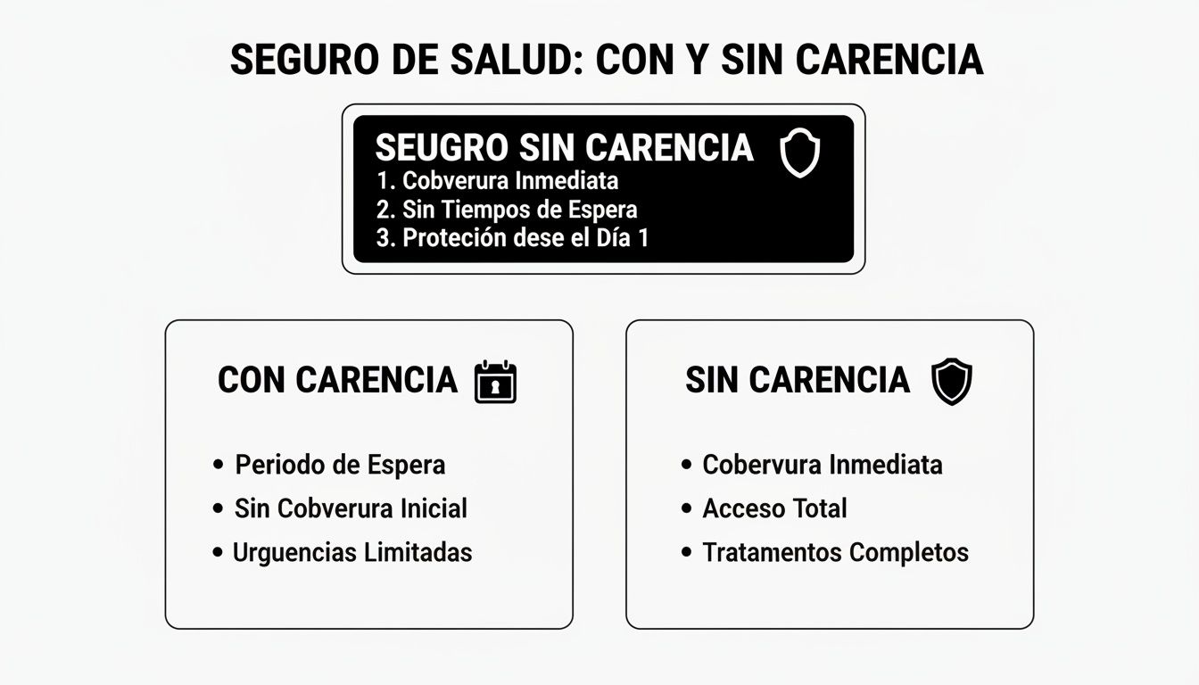 Seguro medico sin carencia para tu visado en España 1 Infografía comparando seguros de salud con y sin carencia, destacando cobertura inmediata y protección desde el día 1.