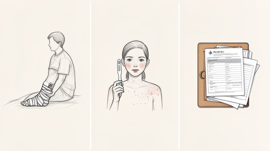 Guía completa del hospital urgencias asisa para extranjeros 4 Tres ilustraciones: hombre con pierna vendada, mujer con prueba de embarazo y erupción cutánea, y documentos médicos.