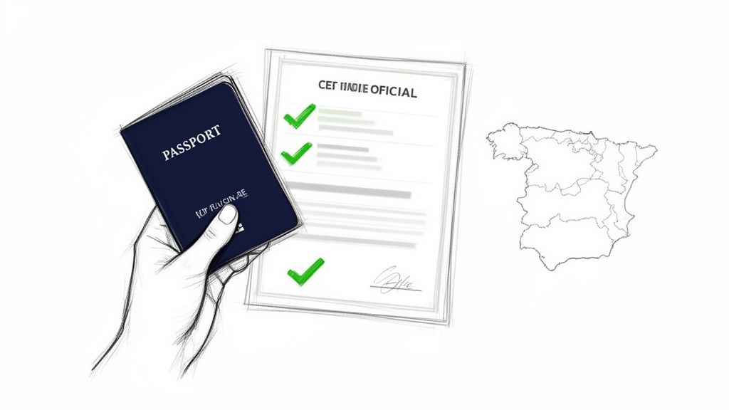 Seguro medico sin carencia para tu visado en España 3 Mano sujetando un pasaporte junto a un documento oficial aprobado con marcas verdes y un mapa de España.