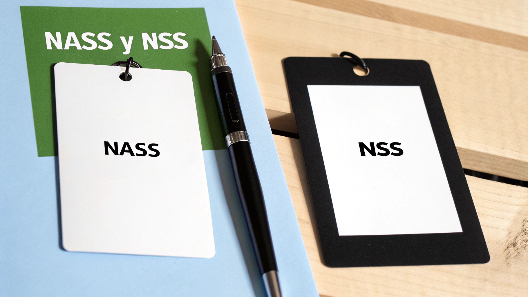 Dos tarjetas, una con NASS y otra con NSS, junto a un documento verde que dice NASS y NSS, y un bolígrafo sobre una mesa.