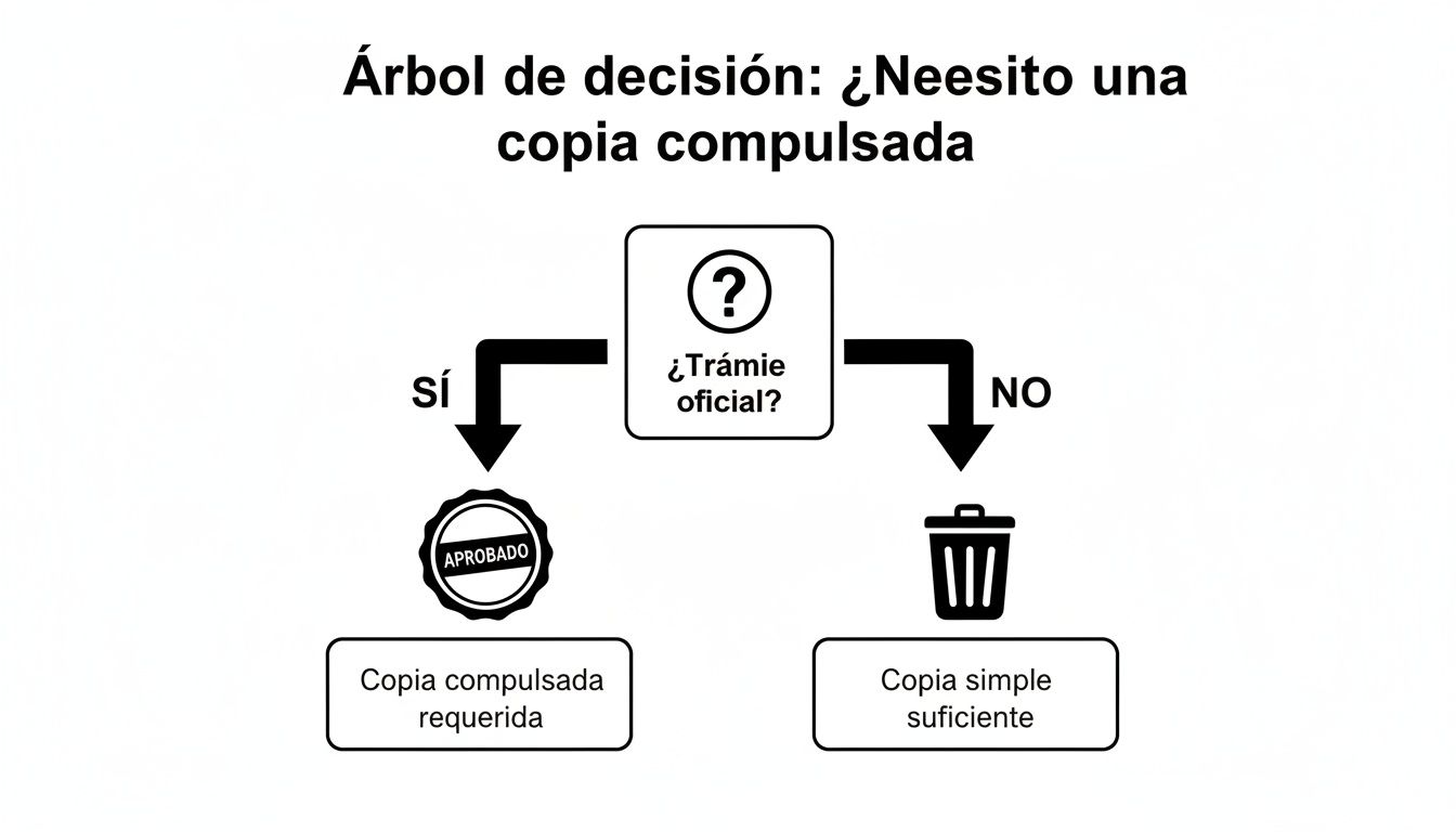 Compulsar fotocopia dni: guía rápida para trámites en España 1 Árbol de decisión simple que explica cuándo es necesaria una copia compulsada para trámites oficiales o si una copia simple es suficiente.