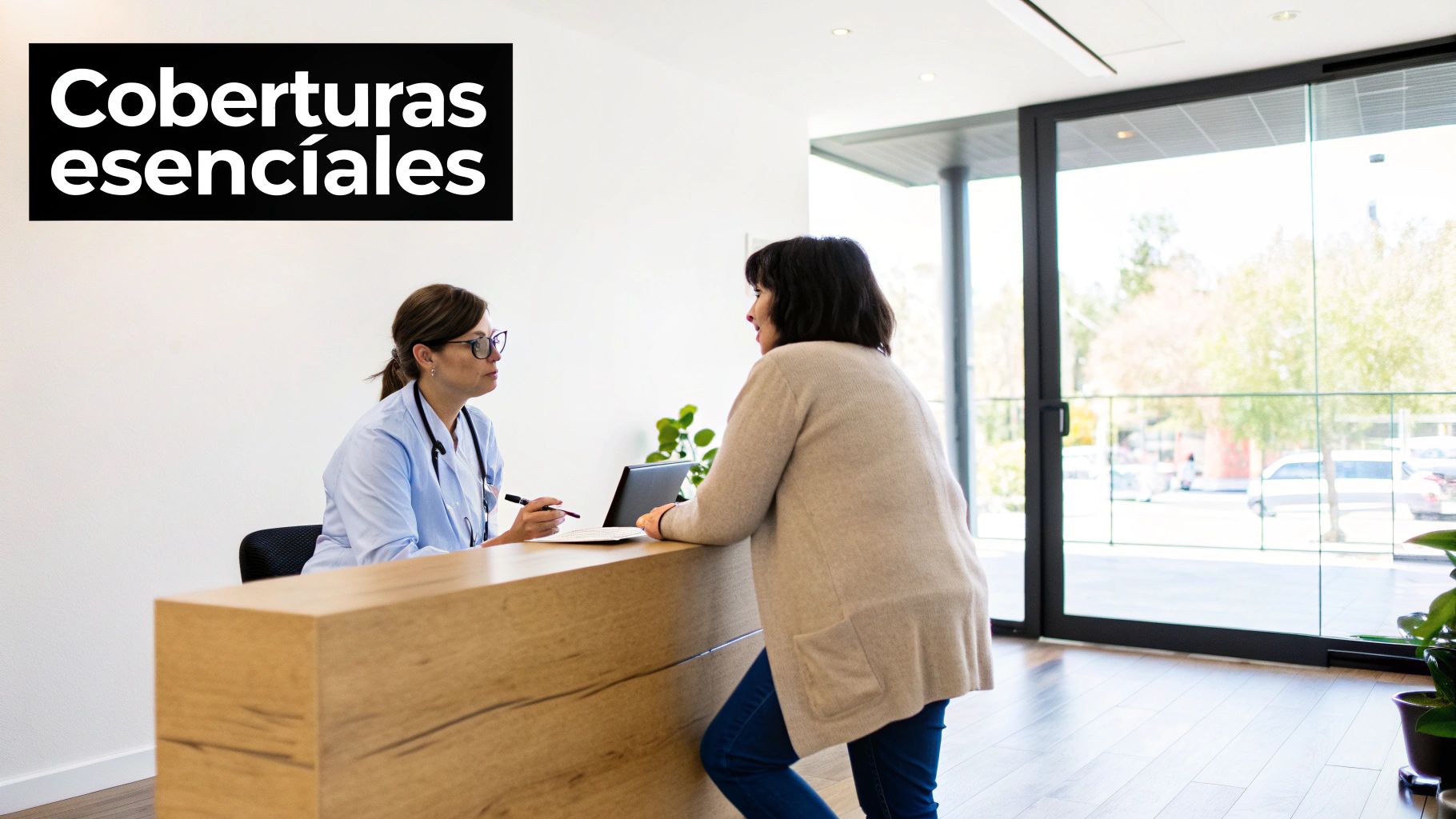 Doctora atiende a paciente en el mostrador de recepción de una clínica moderna con grandes ventanales.