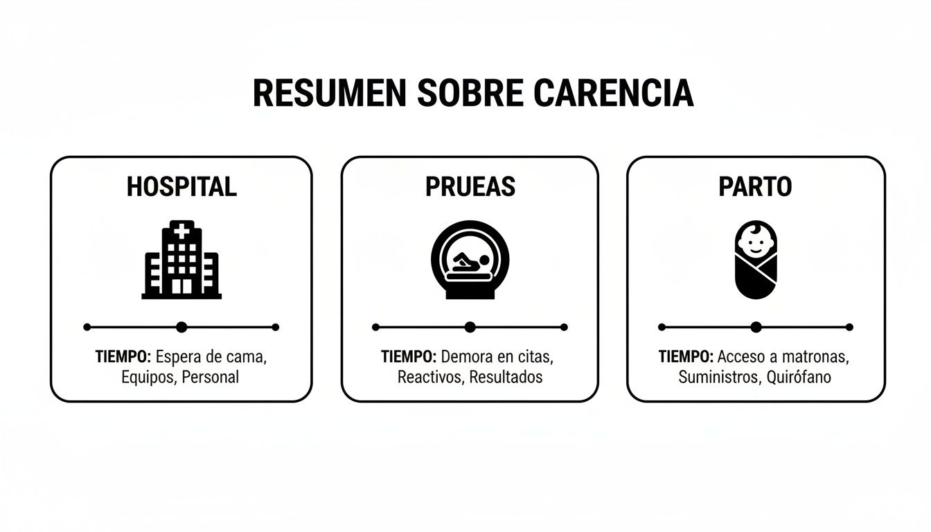 Infografía que detalla los tiempos de espera y acceso en servicios médicos: hospital, pruebas y parto.