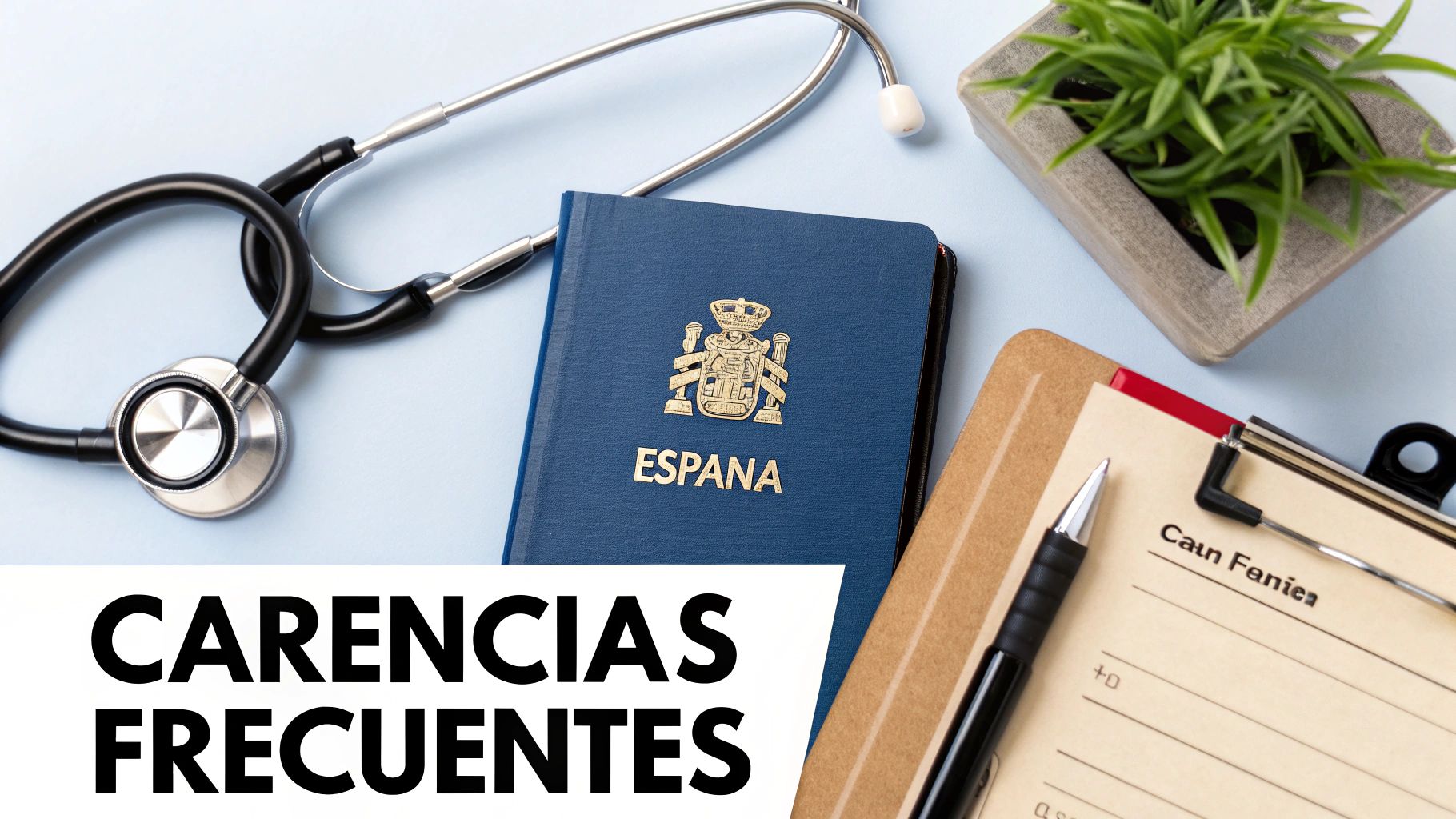 Estetoscopio, pasaporte español, portapapeles y planta, con el texto 'CARENCIAS FRECUENTES', sobre un fondo azul claro.