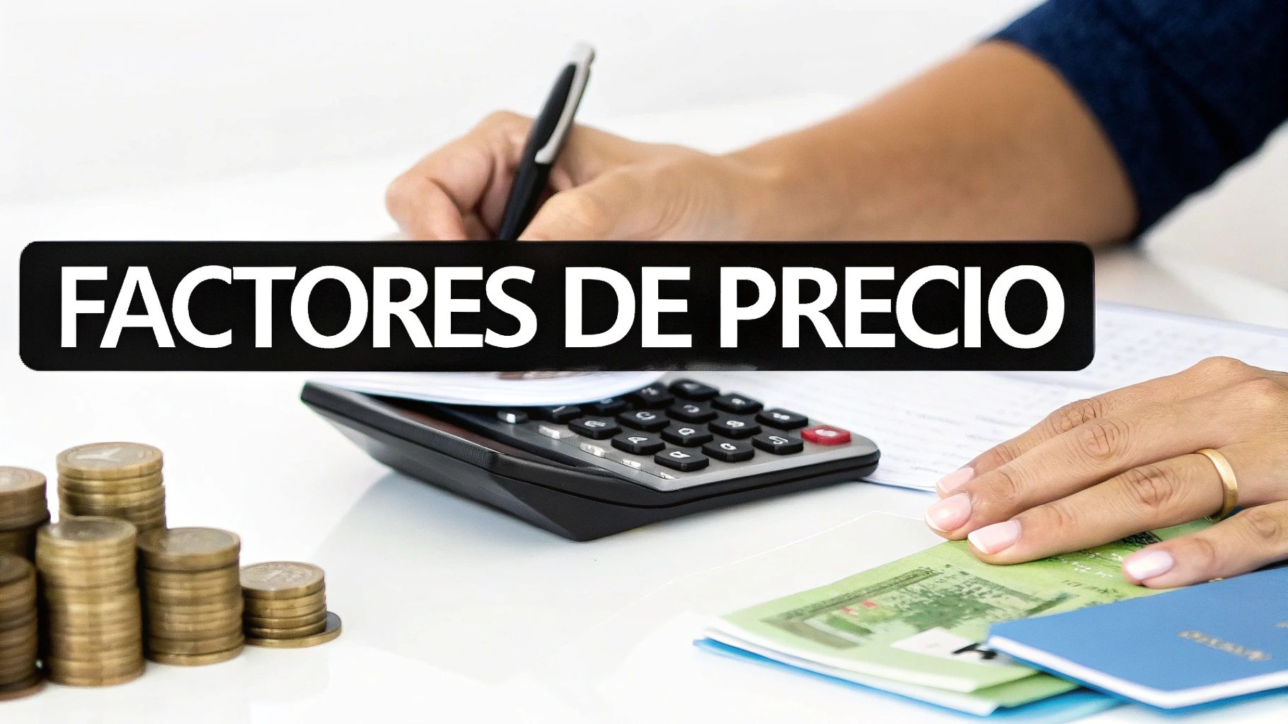 Una persona con calculadora, monedas y documentos, analizando los factores de precio en un contexto financiero.
