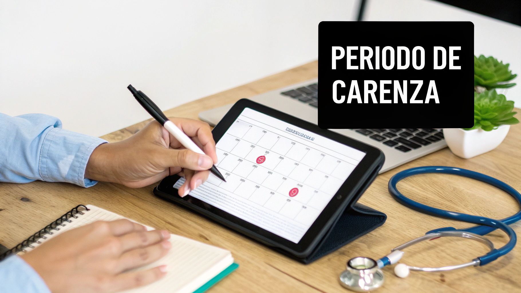 Una persona escribe en una tableta con un calendario, destacando el concepto de 'Periodo de Carencia'.