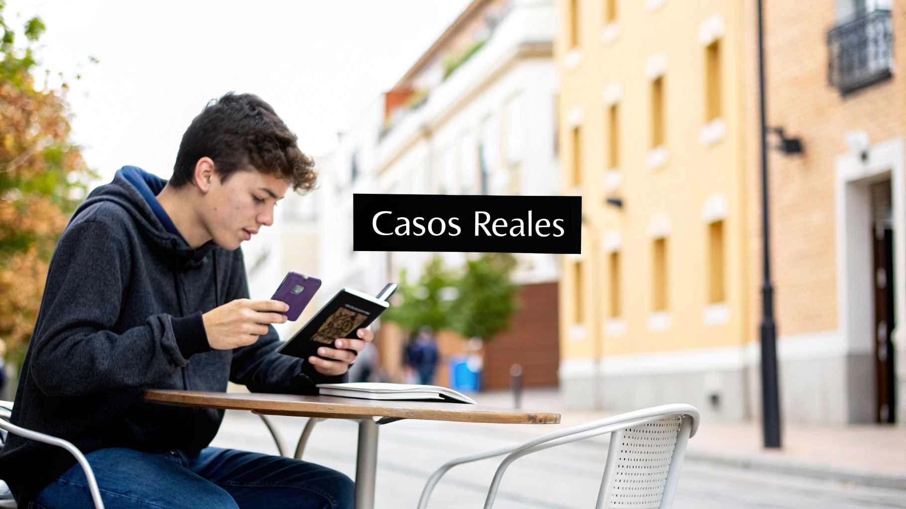 Joven sentado al aire libre leyendo un libro y usando su teléfono, con el texto 'Casos Reales'.