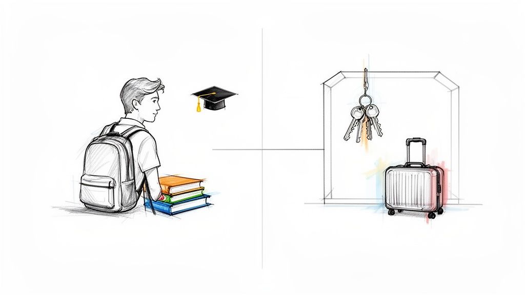 Tu guía para la visa Schengen España sin complicaciones 3 Joven estudiante con mochila, libros y birrete de graduación, junto a maleta de viaje y llaves.