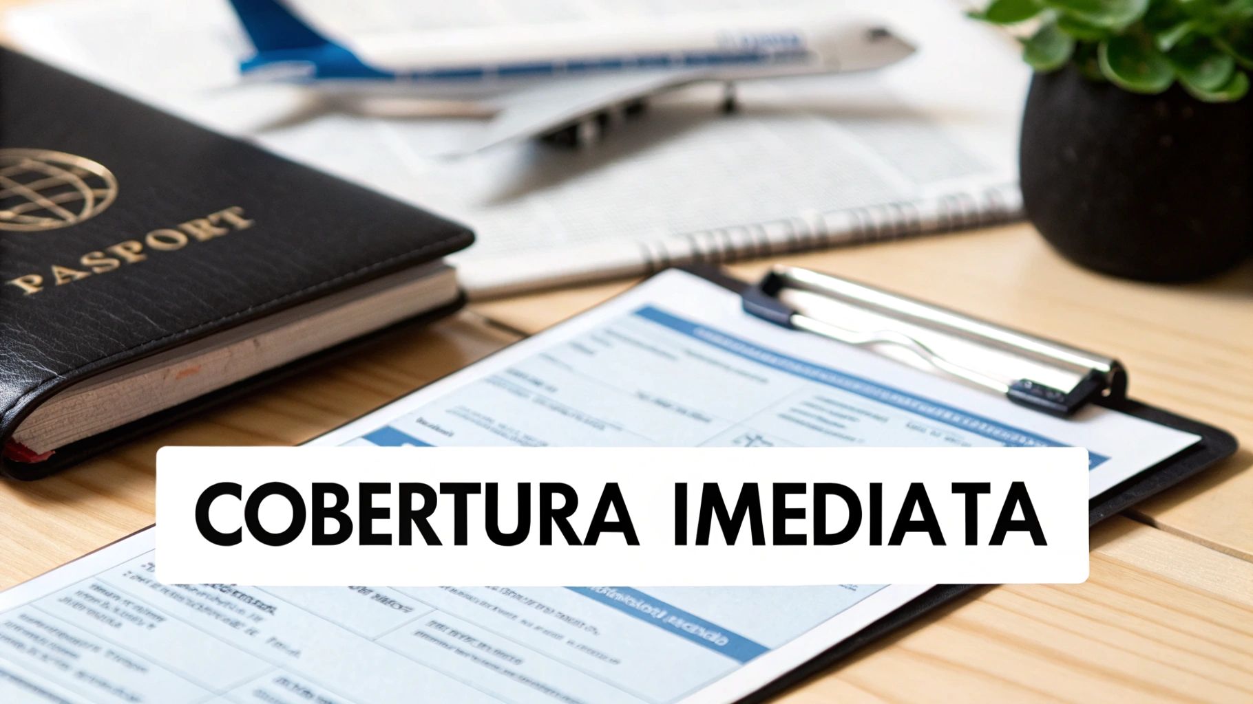 Pasaporte, avión, documentos y texto 'COBERTURA IMEDIATA' sobre una mesa de madera, simbolizando viaje y seguro de salud.