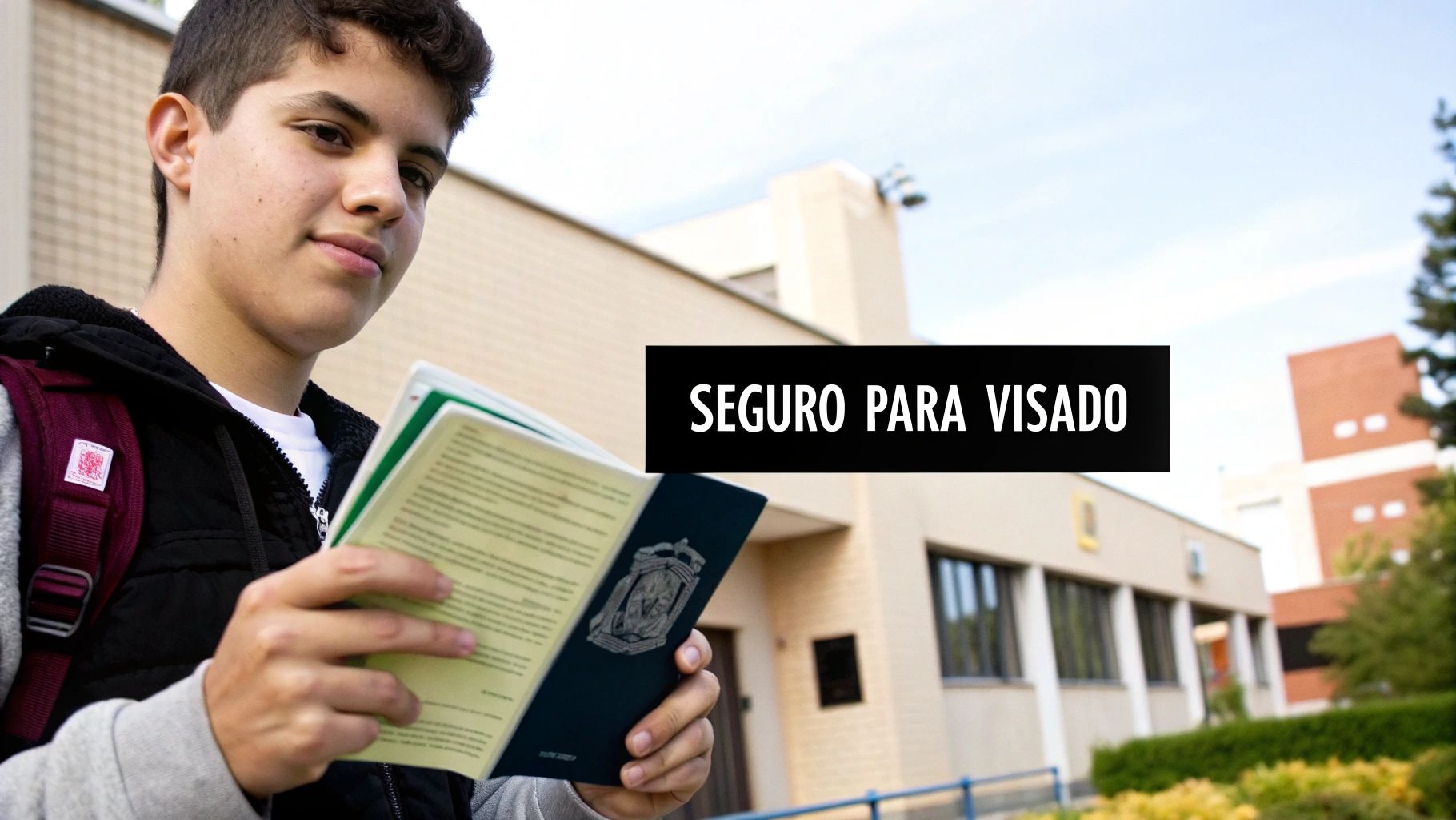 Joven estudiante con mochila y pasaporte, con el texto 'Seguro para Visado' en un fondo urbano.