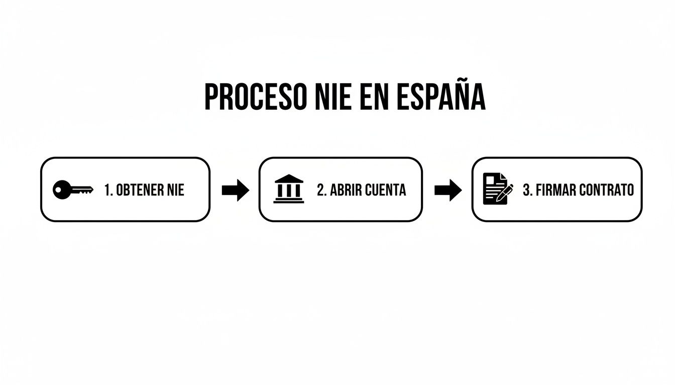 Diagrama de flujo que muestra los tres pasos para el proceso NIE en España: obtener NIE, abrir cuenta y firmar contrato.