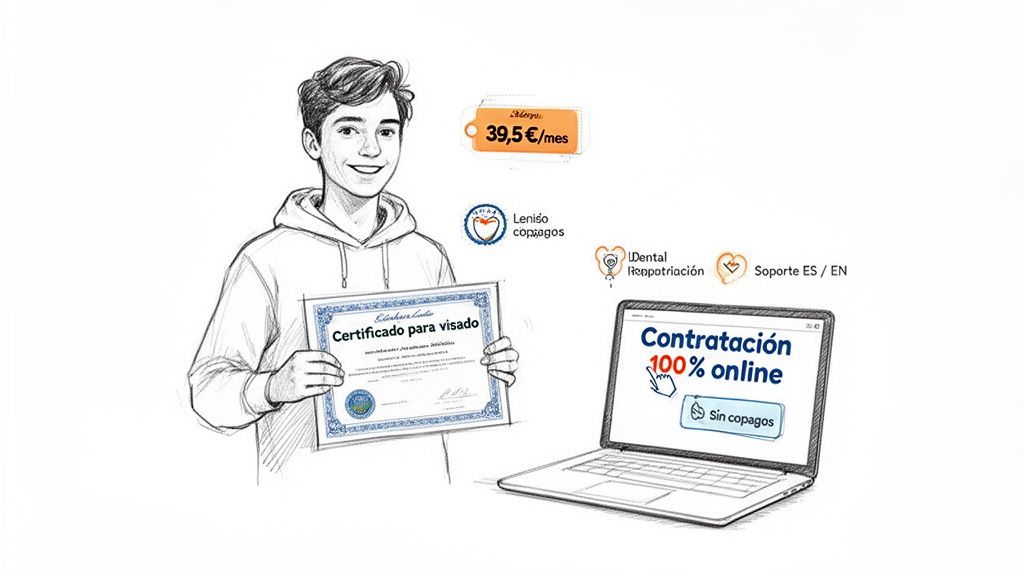 La guía definitiva del seguro de salud barato sin copagos en España 3 Joven sonriente con certificado para visado y laptop mostrando contratación online de seguro de salud sin copagos.