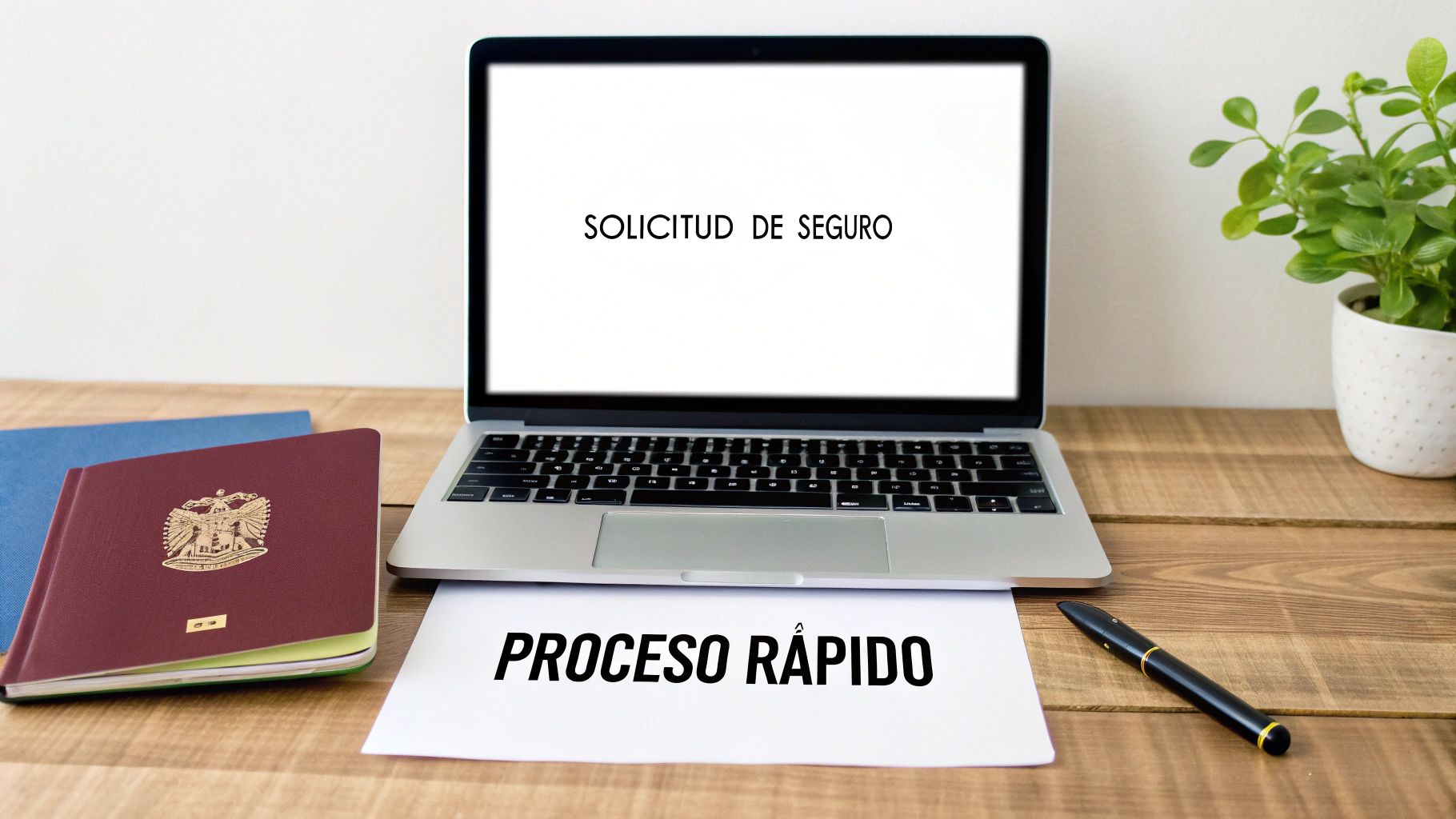 Una laptop en un escritorio de madera muestra 'Solicitud de Seguro'. Un documento con 'Proceso Rápido', un pasaporte y una pluma.