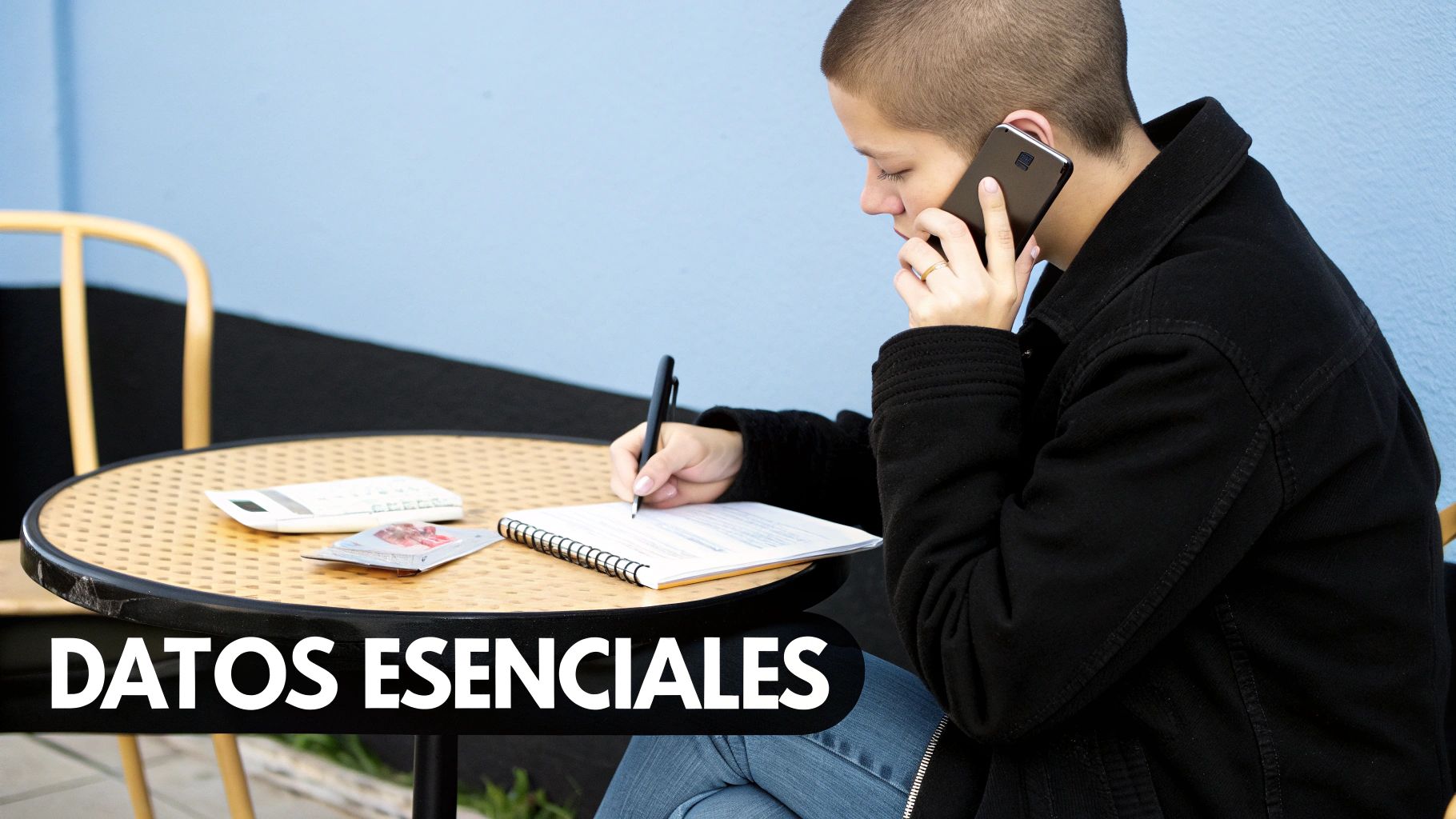 Una persona con cabello corto hablando por teléfono y escribiendo en un cuaderno en una mesa.