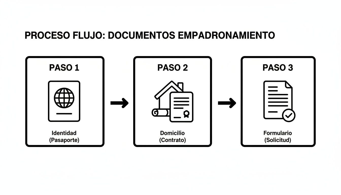 Diagrama de flujo que muestra los tres pasos para los documentos de empadronamiento: identidad, domicilio y formulario de solicitud.