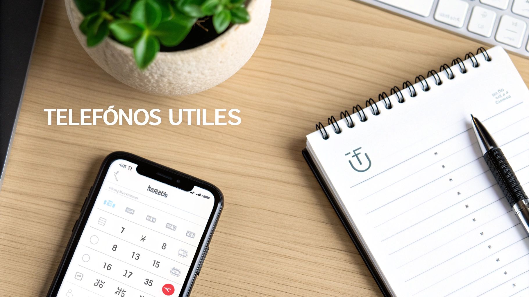 Una vista aérea de un escritorio con un teléfono inteligente, una planta, una libreta y un bolígrafo. Se lee 'TELÉFONOS ÚTILES'.