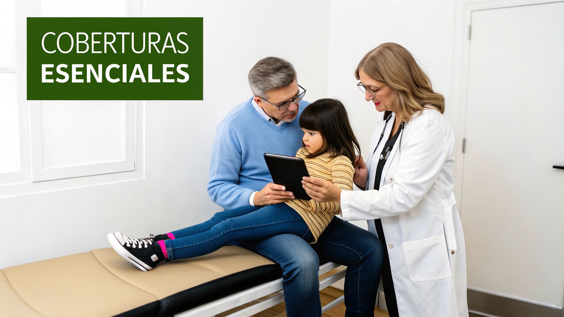 Médica muestra tablet a un hombre y una niña en consulta, con texto 'COBERTURAS ESENCIALES'.