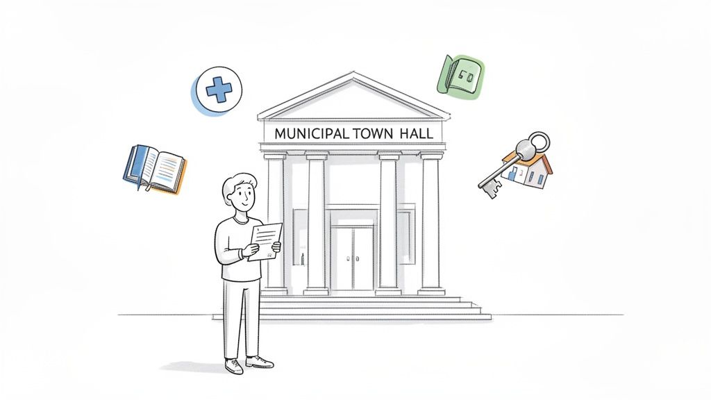 Guía de empadronamiento en España para extranjeros sin complicaciones 1 Una persona frente al ayuntamiento con iconos de servicios municipales: salud, educación, finanzas y vivienda.