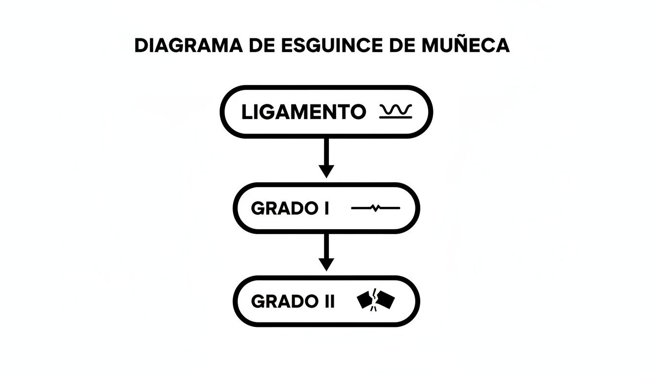 Guía completa del esguince de muñeca síntomas y tratamiento 1 Diagrama que ilustra los grados de esguince de muñeca, mostrando un ligamento sano, grado I y grado II con iconos.