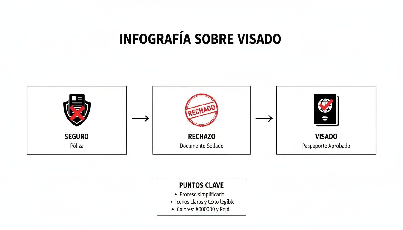 Infografía sobre el proceso de visado, mostrando seguro, rechazo de solicitud y aprobación final del pasaporte.