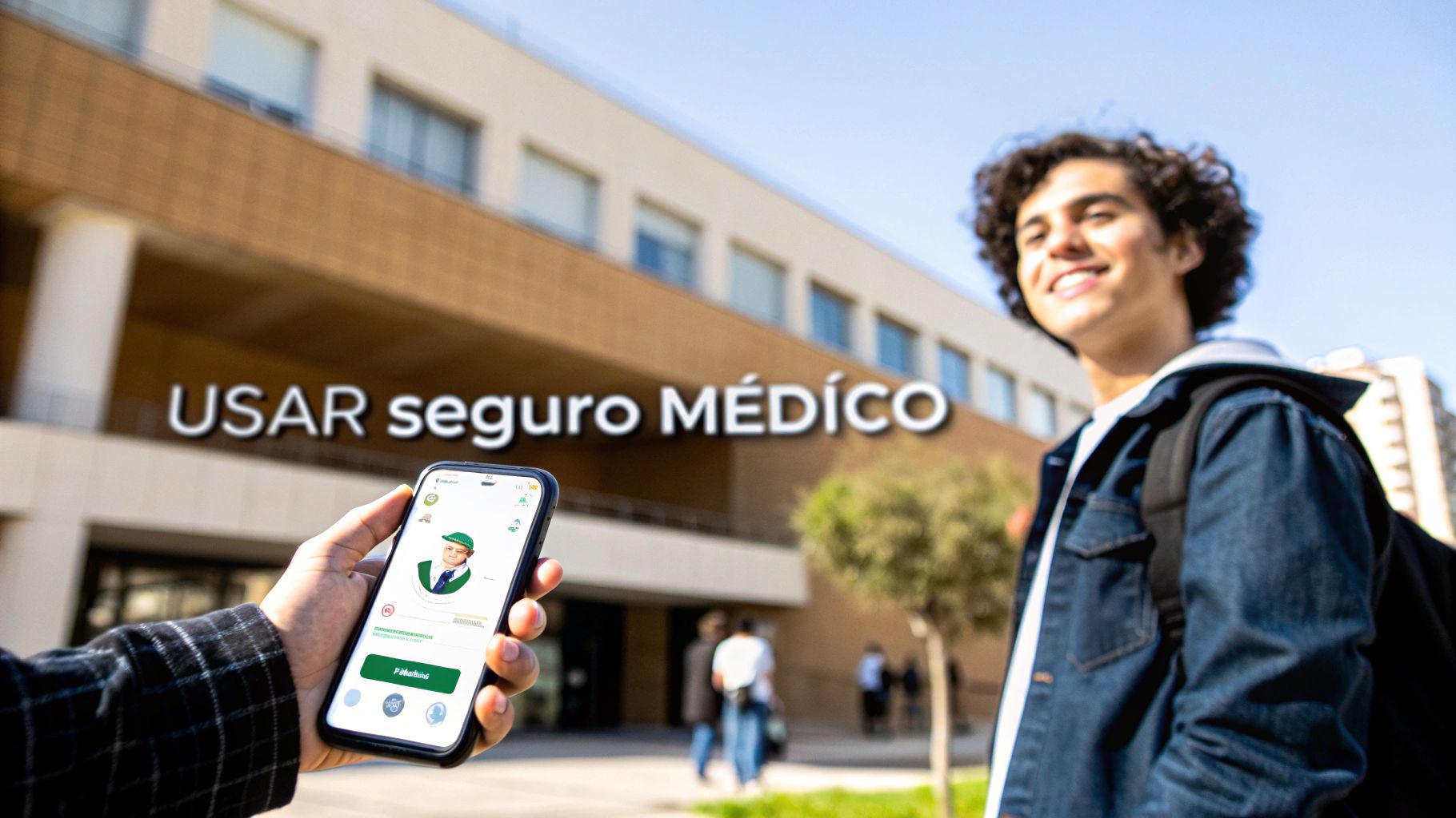 Mano con smartphone mostrando app de seguro médico, estudiante sonriente en campus universitario, texto: USAR seguro MÉDICO.