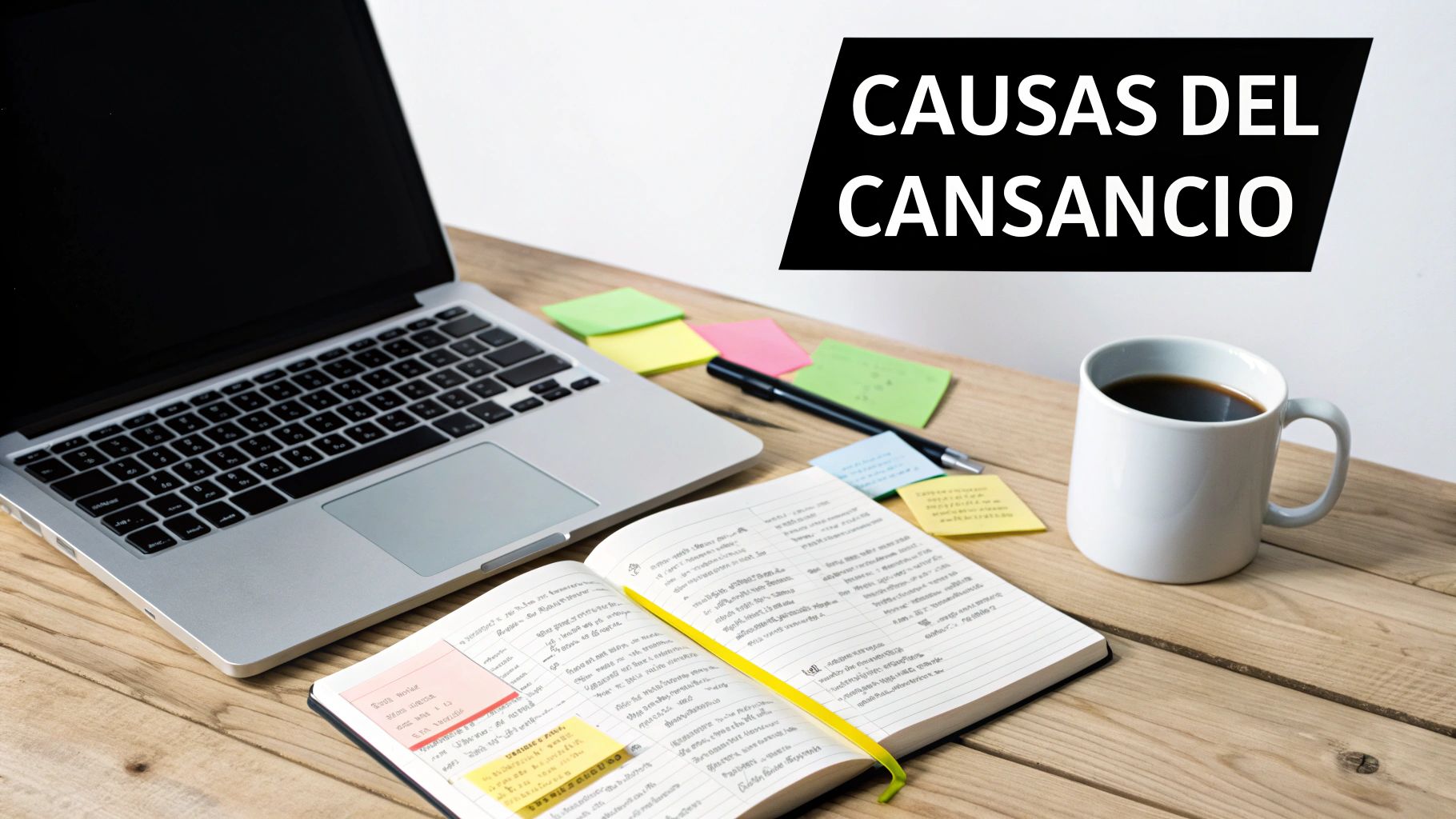Escritorio de madera con laptop, cuaderno, taza de café y notas, ideal para estudiar las causas del cansancio.