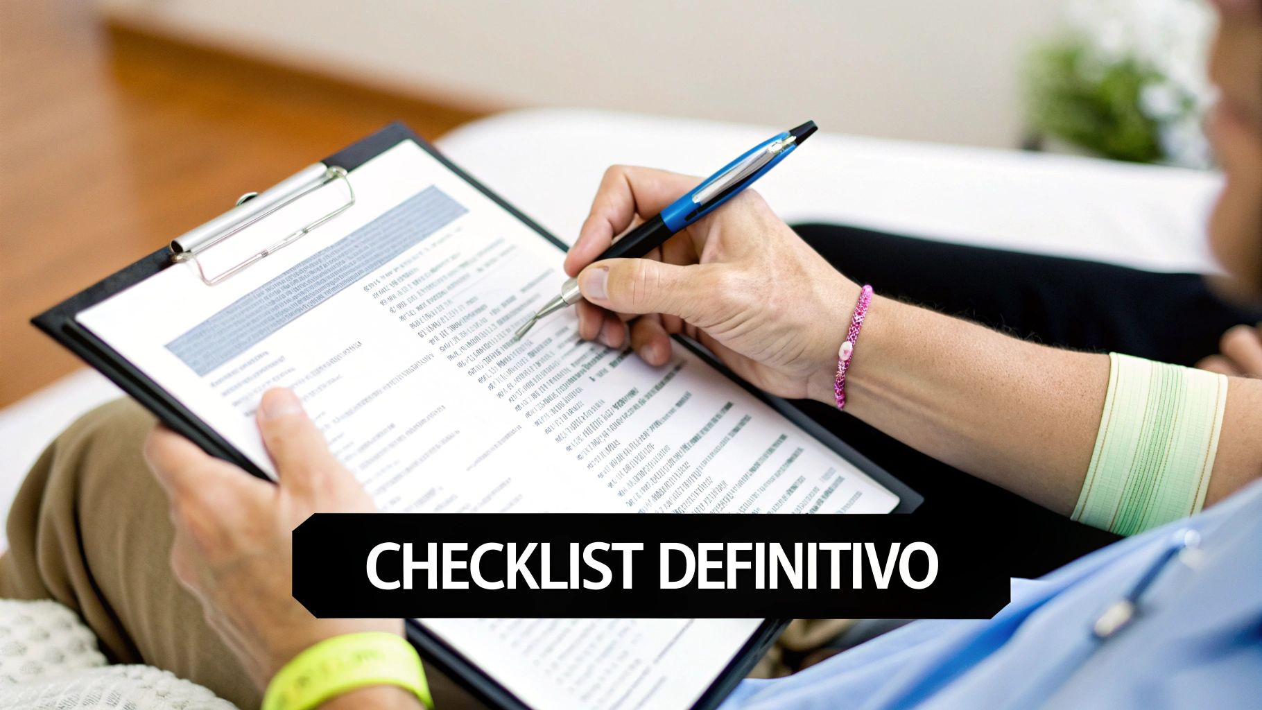 Una persona escribe en un portapapeles con un bolígrafo azul, revisando un "CHECKLIST DEFINITIVO".