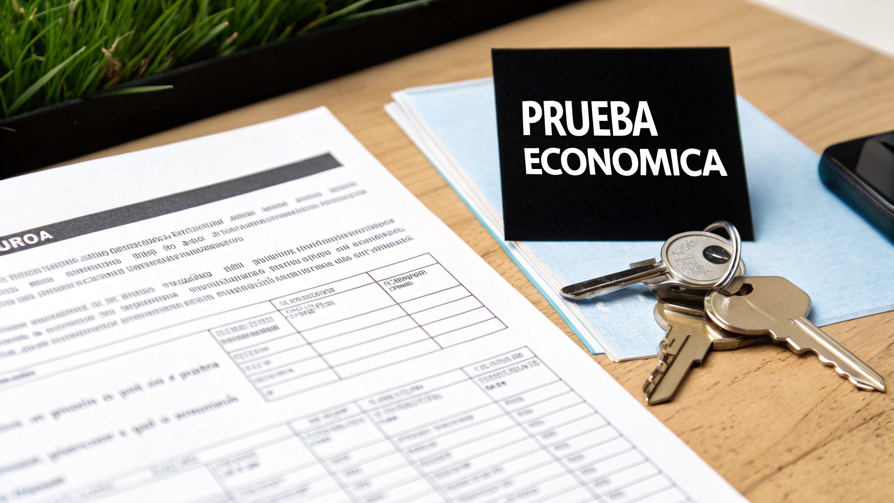 Documentos, tarjeta 'PRUEBA ECONÓMICA' y llaves sobre una mesa de madera, representando requisitos financieros.