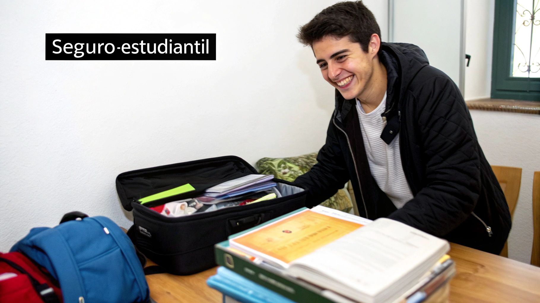 Joven sonriente revisa un equipaje abierto con documentos y libros, cerca de mochilas y una etiqueta de seguro estudiantil.