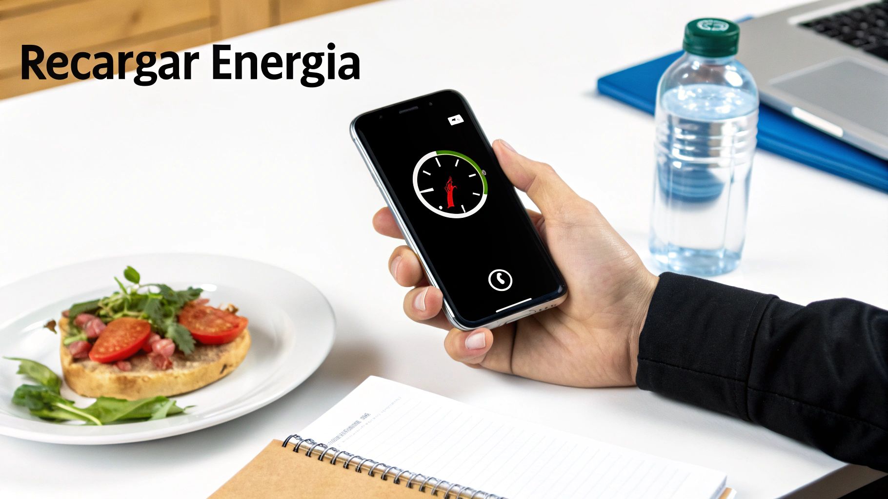 Recargar energía: persona con móvil mostrando medidor, snack saludable y agua en escritorio.
