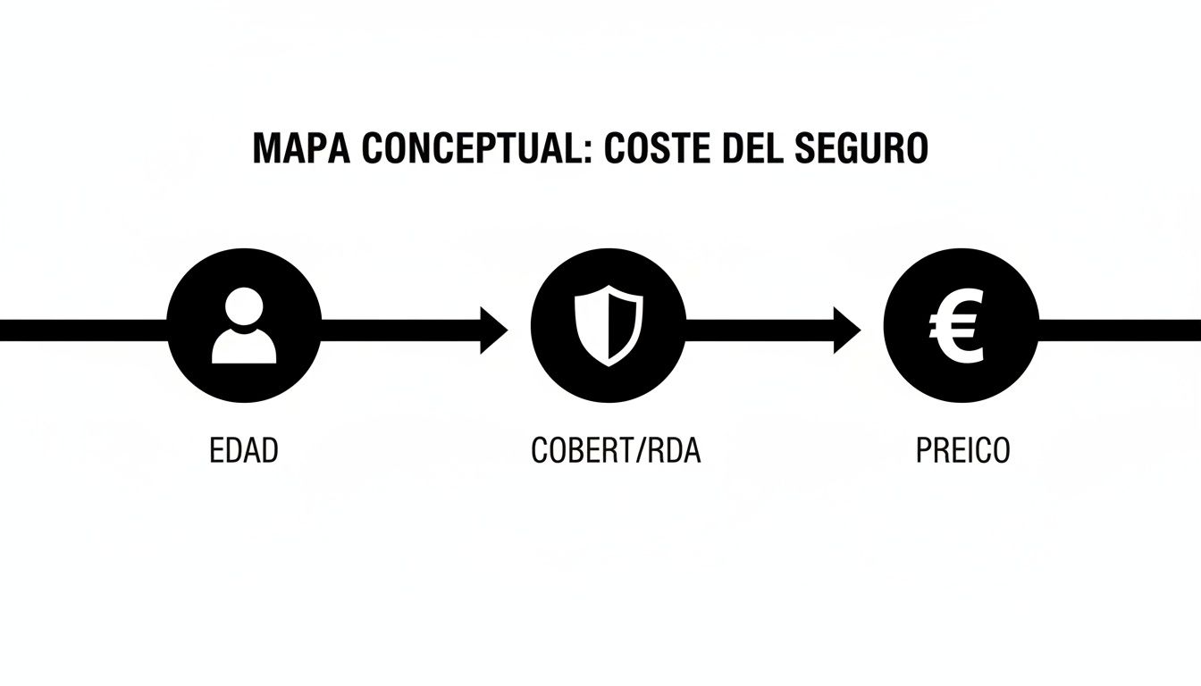 Mapa conceptual que ilustra los factores del coste de un seguro: edad, cobertura y precio final.