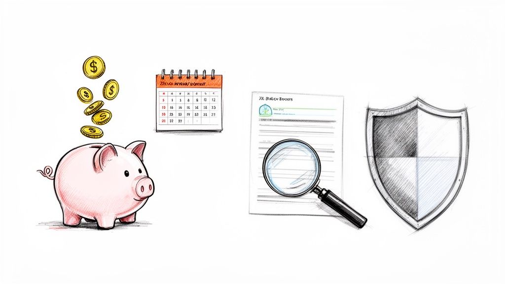 Seguros de salud precios: compara, elige y ahorra hoy 3 Una ilustración que muestra una alcancía, dinero cayendo, un calendario, un documento con lupa y un escudo. Representa planificación financiera, plazos y protección.