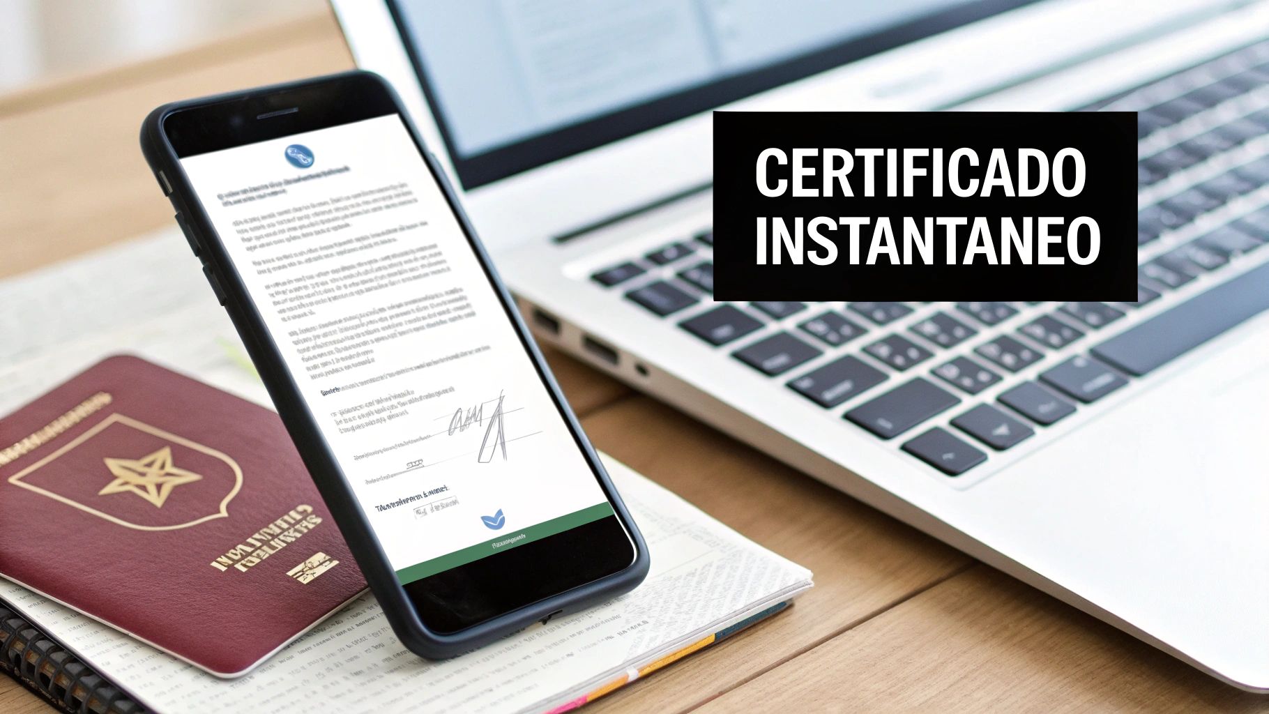 Smartphone con certificado digital y firma electrónica, junto a un pasaporte y laptop, simbolizando trámites rápidos.