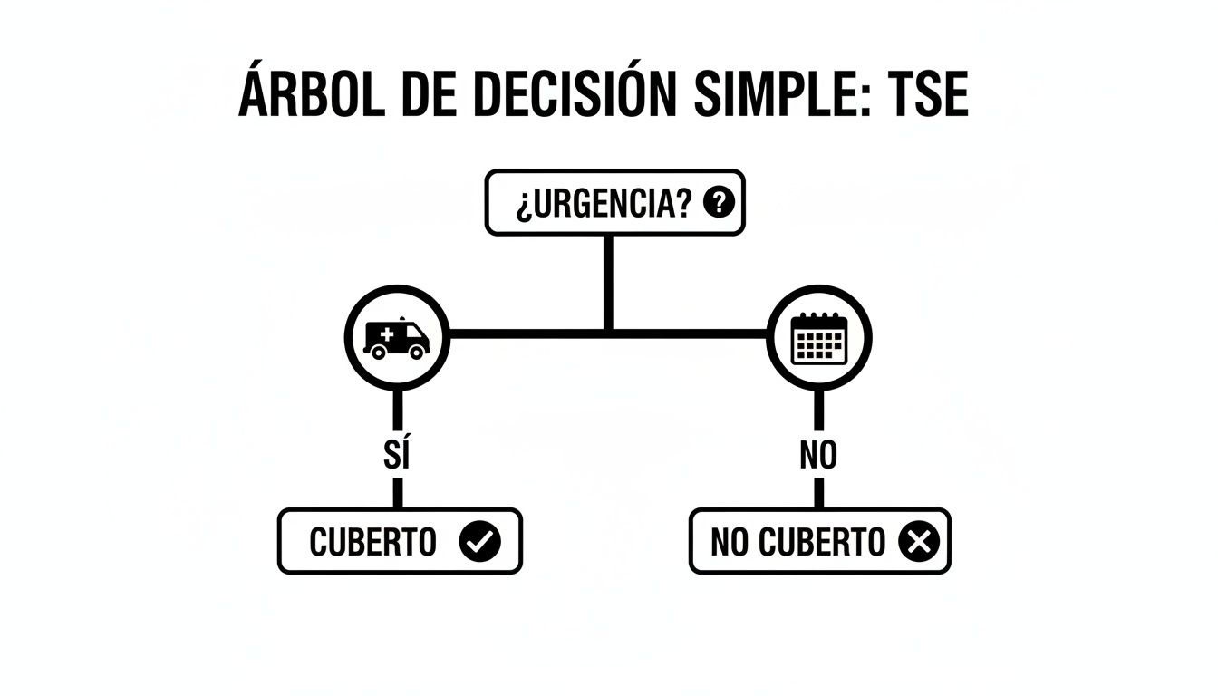 Árbol de decisión simple sobre la Tarjeta Sanitaria Europea (TSE) para determinar cobertura en urgencias médicas.