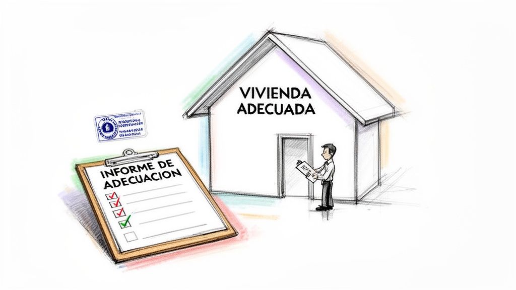 Guía completa de reagrupación familiar en españa requisitos 3 Inspector evalúa una casa etiquetada como 'Vivienda Adecuada' con un informe de adecuación.