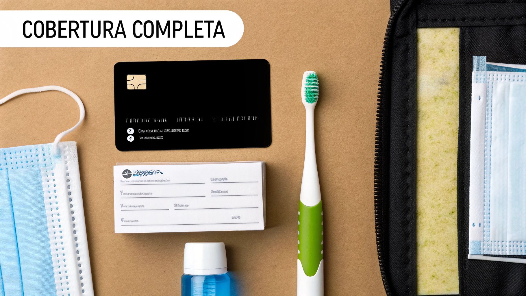 Artículos esenciales de viaje y salud con tarjeta de seguro mostrando 'Cobertura Completa' en un fondo marrón.