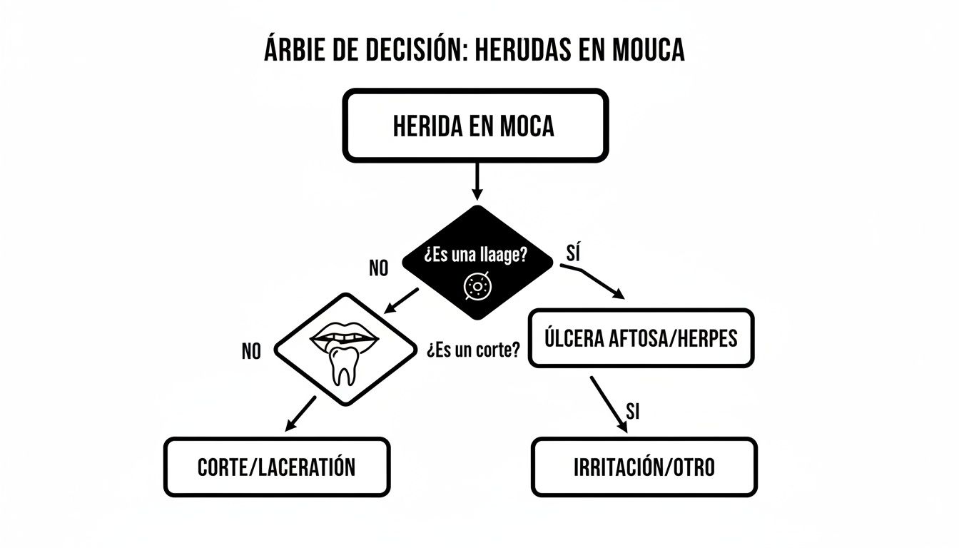 Guía sobre heridas en la boca: causas, remedios y cuándo preocuparse 1 Diagrama de flujo para identificar heridas en la boca, diferenciando llagas, cortes e irritaciones.