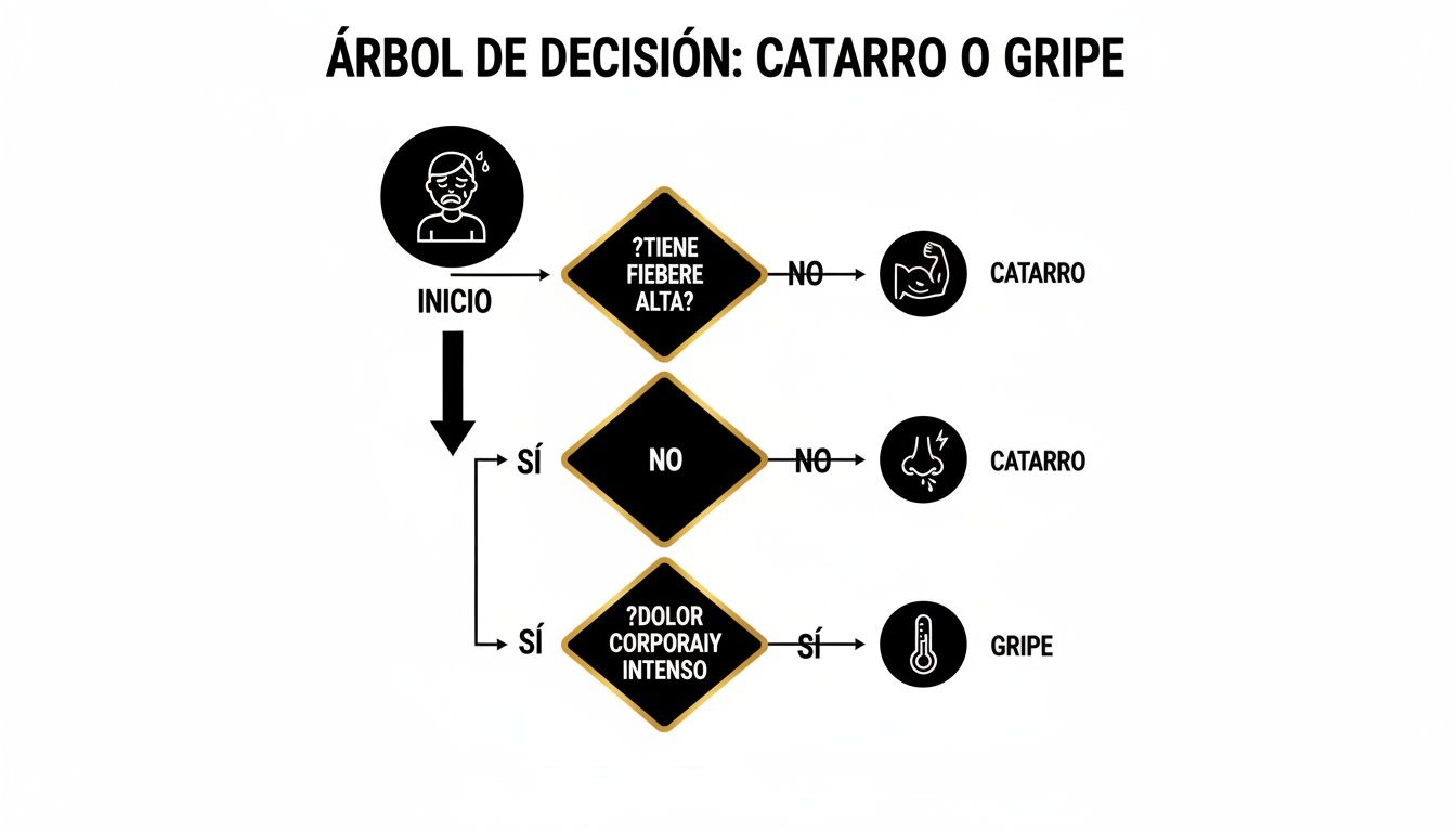 Diferencia entre catarro y gripe: una guía para identificarlos 1 Árbol de decisión para distinguir entre catarro y gripe basándose en síntomas como fiebre y dolor corporal.