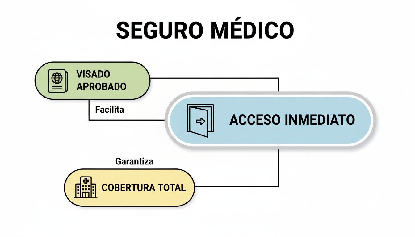 Diagrama explicando cómo un visado aprobado facilita acceso inmediato a un seguro médico con cobertura total.
