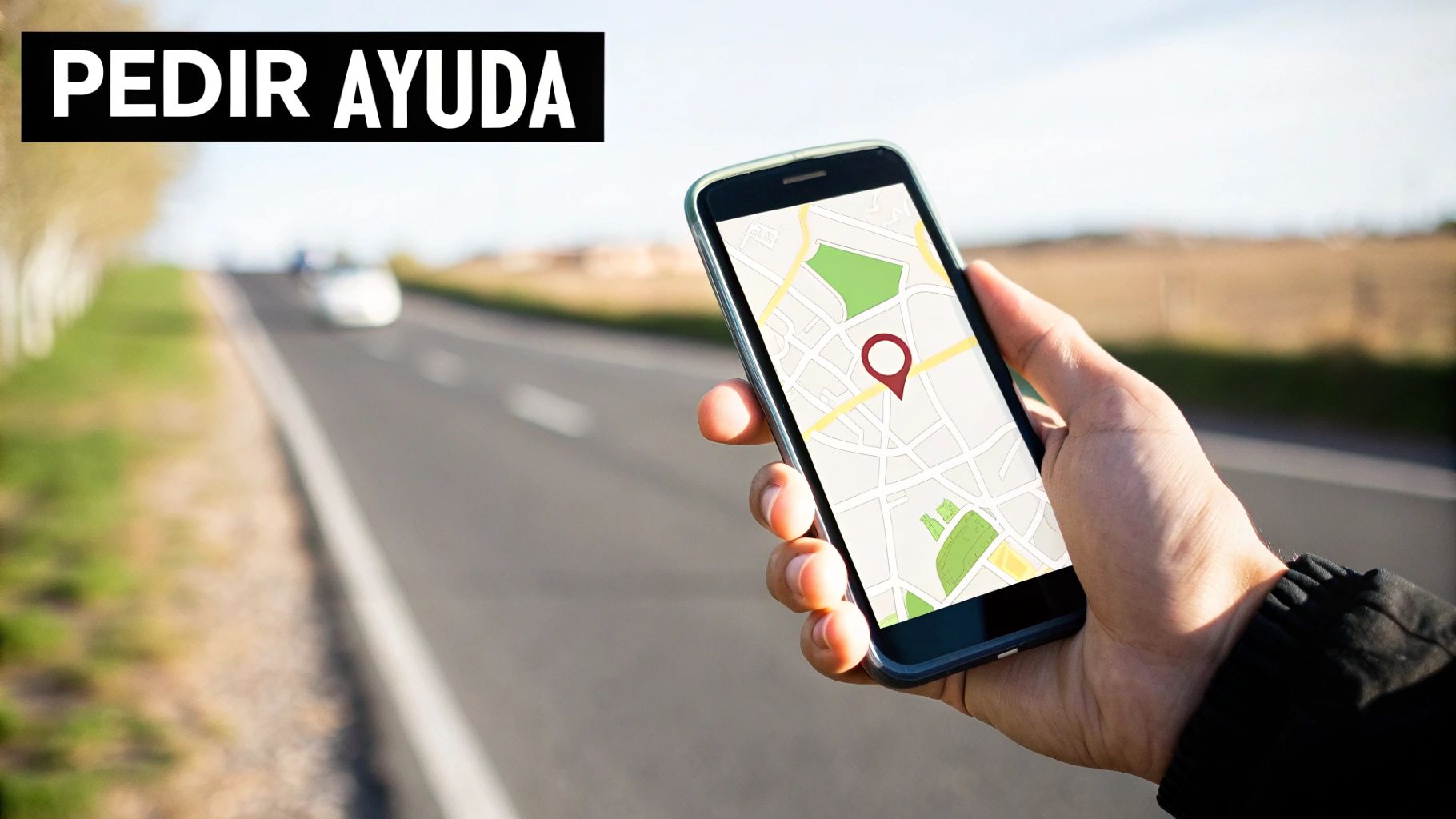 Una persona sostiene un smartphone con un mapa y un pin de ubicación en una carretera, pidiendo ayuda.