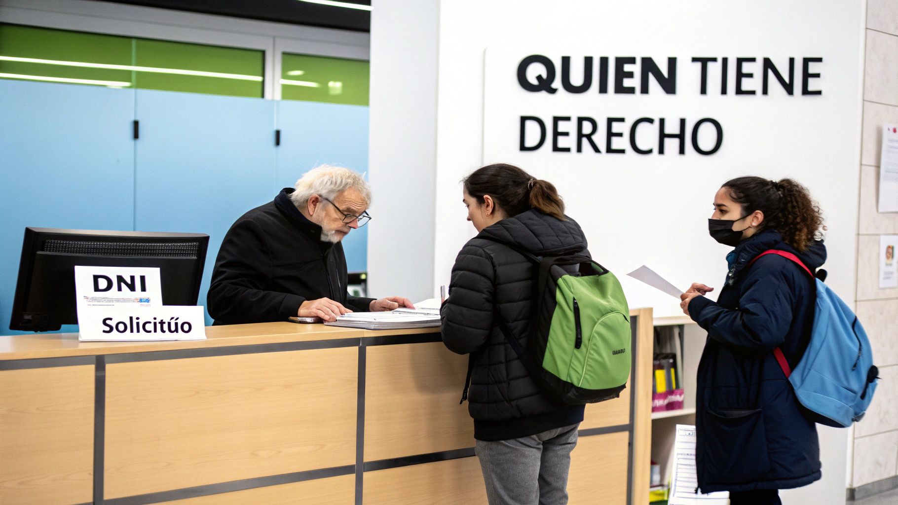 Hombre asistiendo a dos mujeres jóvenes en un mostrador de atención. Se procesan documentos oficiales como el DNI.