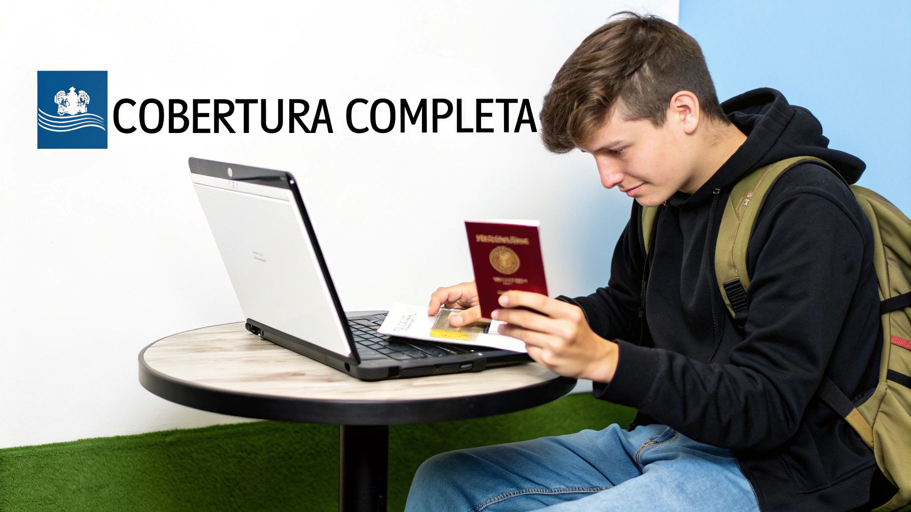 Joven con mochila usando laptop y pasaporte, con logo 'COBERTURA COMPLETA', planeando un viaje.