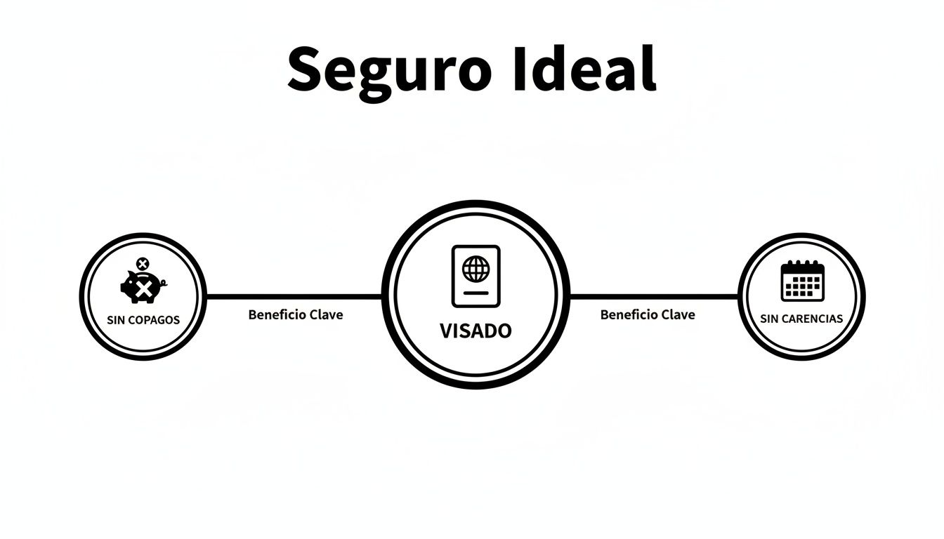 Diagrama de seguro ideal con beneficios clave: sin copagos, visado y sin carencias.