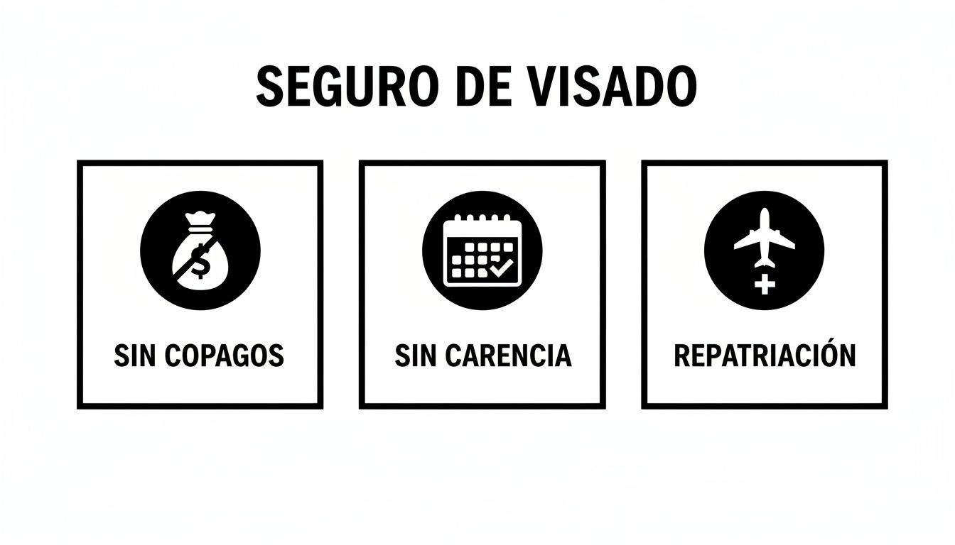 Imagen que ilustra un seguro de visado con beneficios clave: sin copagos, sin carencia y repatriación.