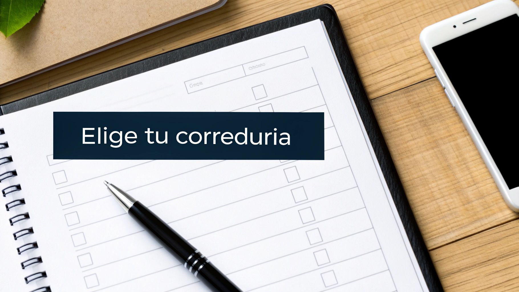 Documento con lista de verificación, bolígrafo y el texto 'Elige tu correduria' sobre una mesa de madera.