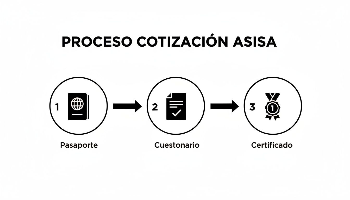 Diagrama de flujo del proceso de cotización ASISA en tres pasos: pasaporte, cuestionario y certificado.