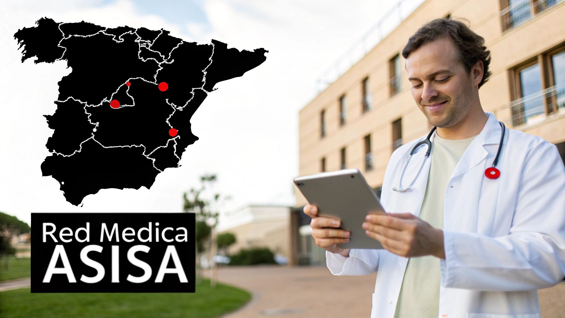 Doctor sonriente con bata blanca y estetoscopio, mirando una tablet, con mapa de España y logo ASISA.