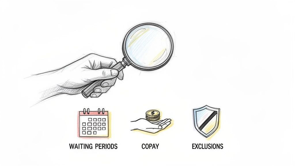 Seguro dental que cubre: qué cubre para estudiantes y expatriados en España 3 Una mano con lupa examina términos clave de un seguro dental: períodos de espera, copago y exclusiones detalladas.