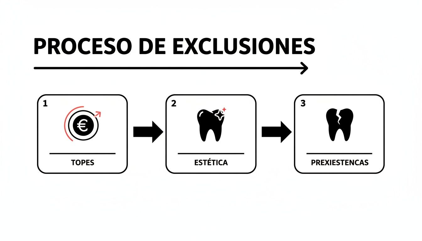 Diagrama del proceso de exclusiones de un seguro dental, mostrando límites, estética y preexistencias.