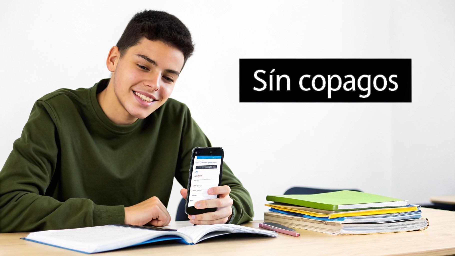 Joven sonriente con sudadera verde revisa su teléfono mientras estudia, con libros y cuadernos sobre la mesa. Un texto dice 'Sin copagos'.